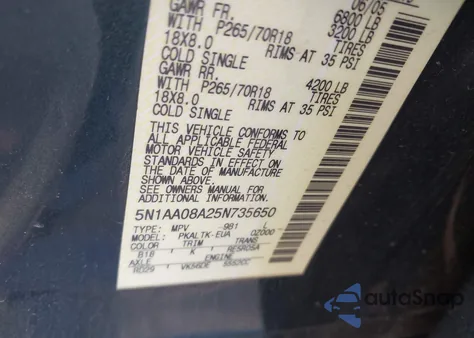 2005 Nissan Armada Se из США, поврежденный, VIN 5N1AA08A25N735650